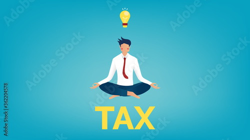 Businessman are meditate and floating on a tax lettering, yellow light bulb above head, pink cheek character on gradient blue background