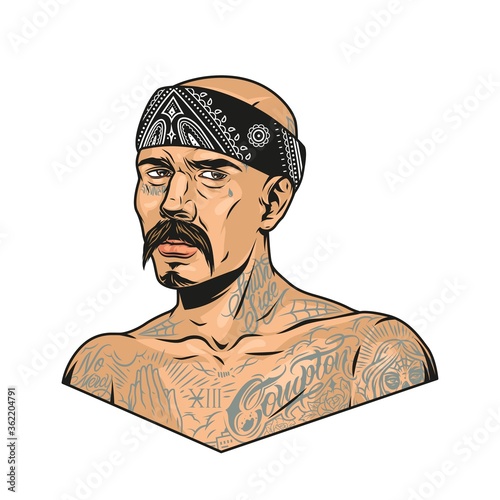 Mustached latino gangster with chicano tattoos