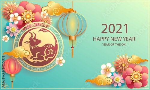 Happy new year 2021 / Chinese new year / Year of the ox / Zodiac sign for greetings card, invitation, posters, brochure, calendar, flyers, banners.
