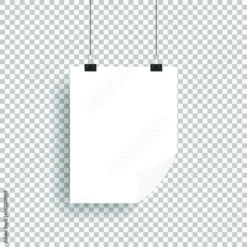 Vector realistic white blank A4 paper poster hanging on a rope with clip - stock vector eps 10
