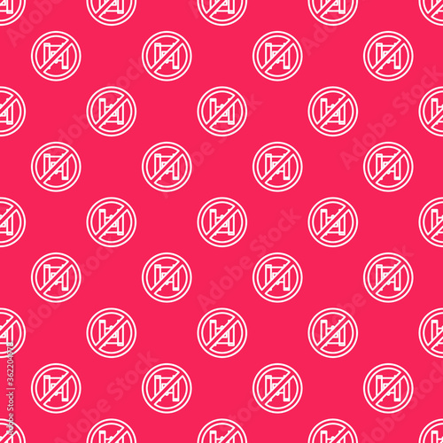 White line Say no to plastic bags poster icon isolated seamless pattern on red background. Disposable cellophane and polythene package prohibition sign. Vector Illustration.