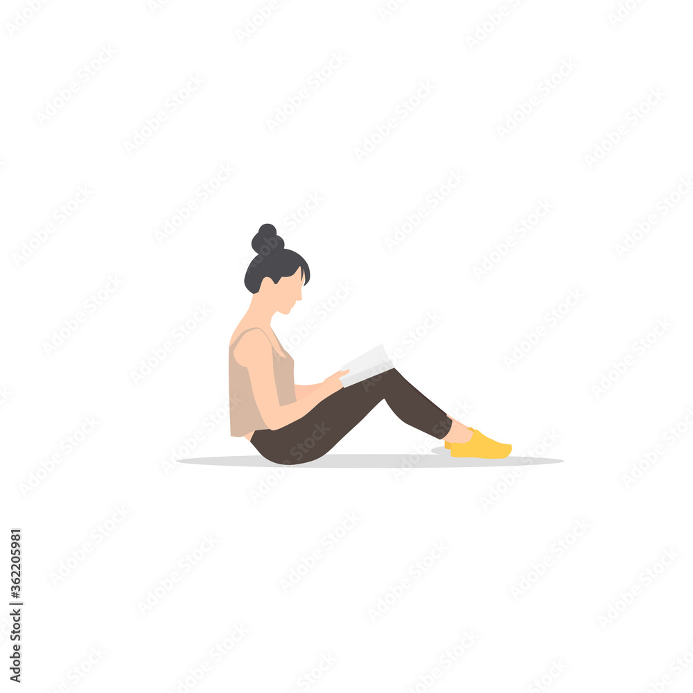 Mujer sentada leyendo un libro o novela. Chica joven estudiando texto de un libro, estudiante, universitaria vector Mujer sentada leyendo un libro o novela. Chica joven estudiando texto de un libro, estudiante, universitaria vector