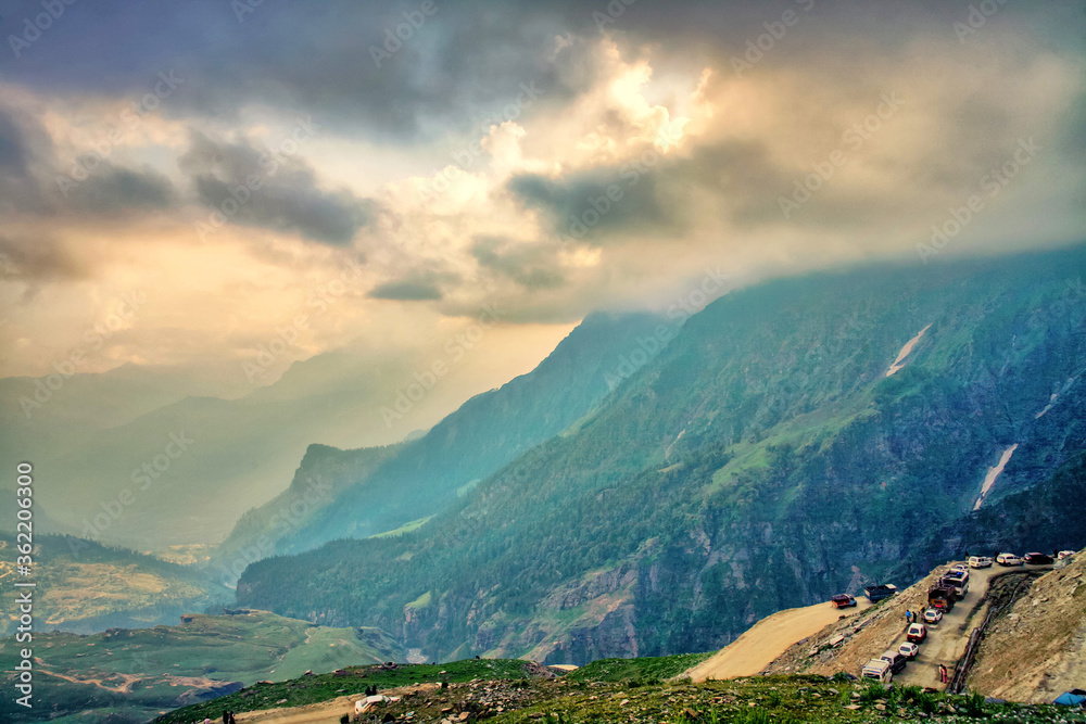 Beautiful scenic view of the himalayan valley, Near rohtang pass, Himachal Pradesh, India.