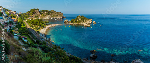 A view of the shoreline and Isola Bella near Taormina  Sicily in summer