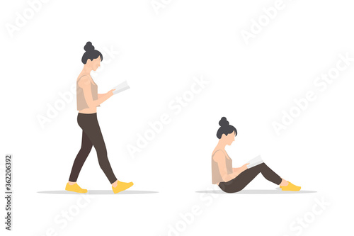 Conjunto, mujer sentada y de pie leyendo un libro o novela. Chica joven estudiando texto de un libro, estudiante, universitaria vector dos personajes 