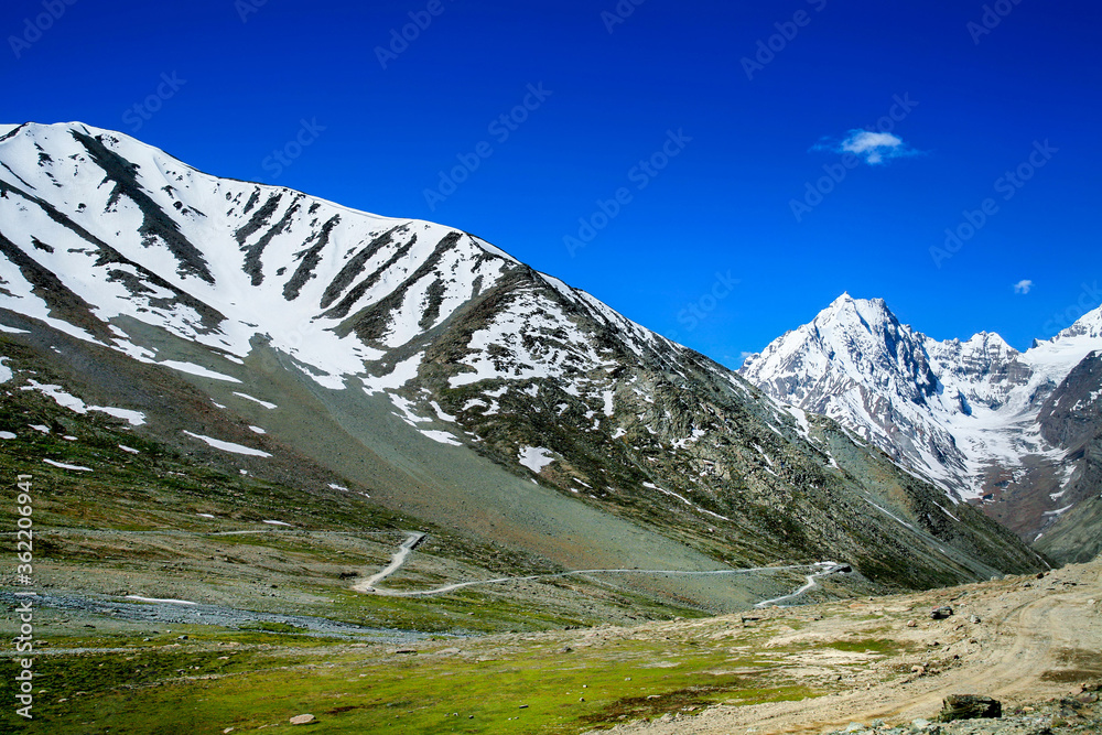 Beautiful scenic view of Kunzum Pass, Himalayan range at spiti, Himachal Pradesh, India.