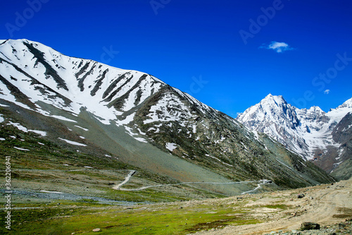 Beautiful scenic view of Kunzum Pass  Himalayan range at spiti  Himachal Pradesh  India.