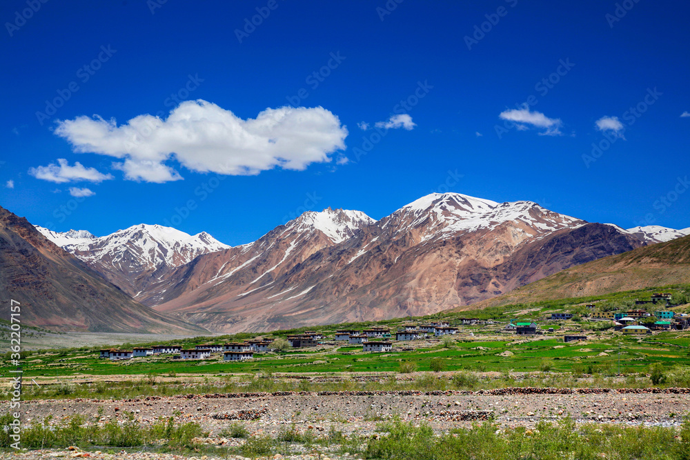 Beautiful scenic view of the Himalayan Town at spiti valley, Himachal Pradesh