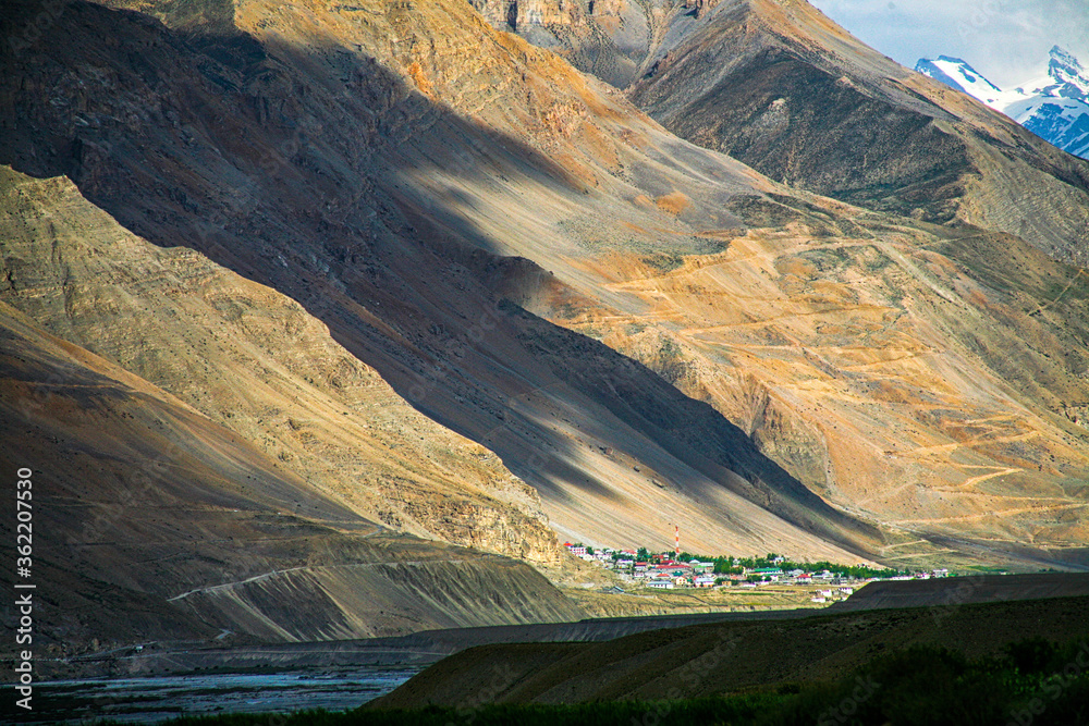 Long view of kaza town. Spiti Valley, Himachal Pradesh, India