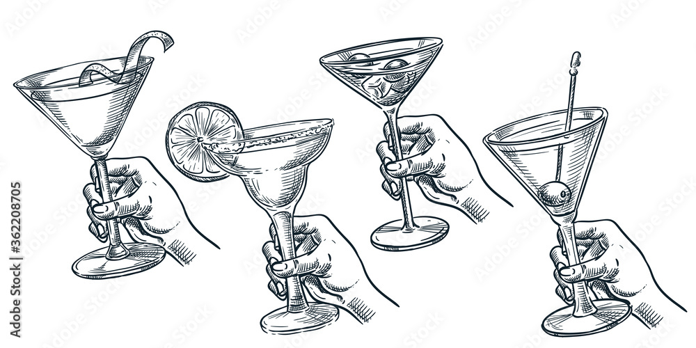 Human holding glass with alcohol cocktail. Vector hand drawn sketch ...
