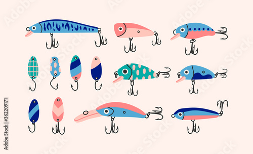 Big set of Various Fishing Lures. Different Spoons, Wobblers: crank, popper and minnow. Hand drawn colored Vector illustration. All elements are isolated