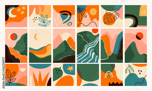 Big Set of Abstract backgrounds. Hand drawn doodle various shapes, leaves, mountains, river, spots, drops. Contemporary modern trendy Vector illustrations. Every background is isolated