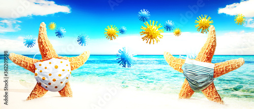 Starfish with corona virus masks on vacation