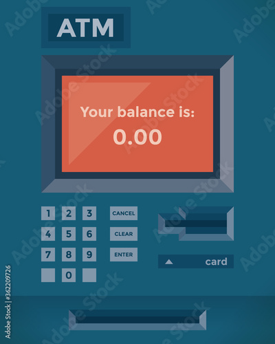 ATM showing zero balance on credit / debit card account. Idea - unemployment, failure, financial crisis, bankruptcy, high taxes, poverty, economics recession etc.