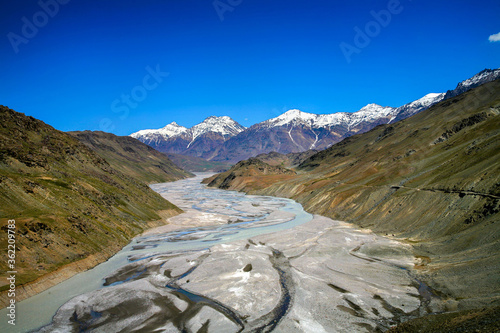 Beautiful landscape of chenab river, way to chandratal lake, Spiti Valley, Himachal Pradesh, India. photo
