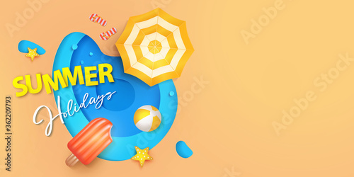 Summer holidays banner design template for poster, web, social media and mobile apps. Paper cut tropical beach top view background with umbrella, flip flops, ball and swim Ice cream air mattress.