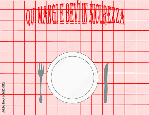 logo immagine per tovaglietta tovaglia pizzeria locanda tavola calda trattoria mangiare e bere in sicurezza contro coronavirus covid distanza e igiene