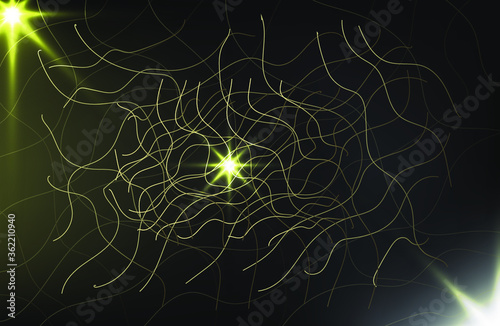 Abstract curved golden lines on a dark background. chaotic movement in the form of a topographic map.
Golden web . Golden glow dots. Vector illustration.
