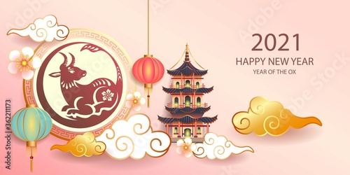 Happy new year 2021 / Chinese new year / Year of the ox / Zodiac sign for greetings card, invitation, posters, brochure, calendar, flyers, banners.