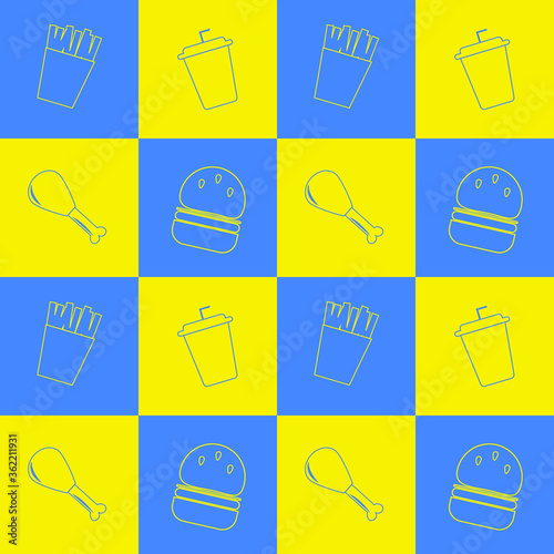 ilustration vector graphic french fries,fried chiken,soft drink,and burger in pattern.fit to place on packaging design,food wallpaper,culinary event backdrop in eps 10