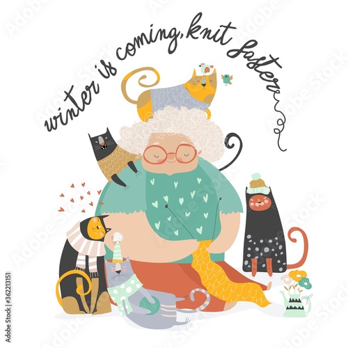Cartoon funny grandmother knit for her cats