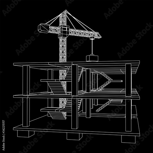 Building under construction with crane. Build house construct in process. Wireframe low poly mesh vector illustration