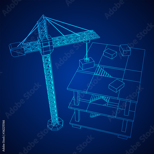 Building under construction with crane. Build house construct in process. Wireframe low poly mesh vector illustration