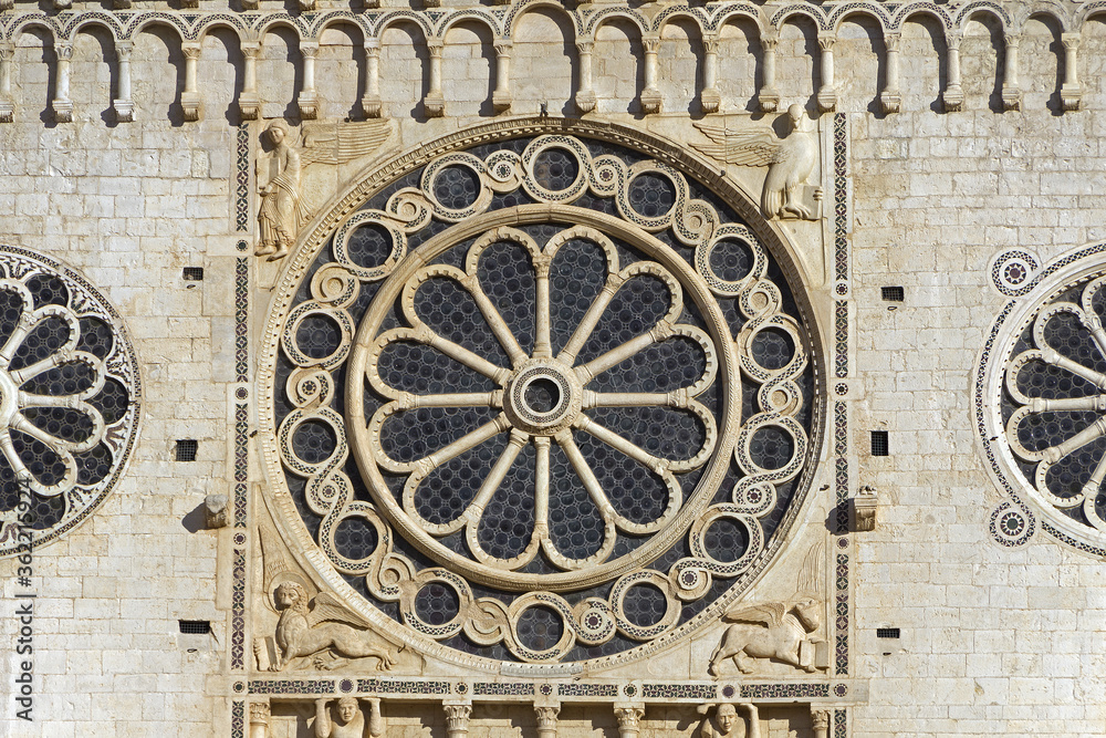 Rose window of Spoleto Cathedral in Umbria, Italy