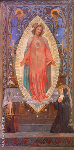 BARCELONA, SPAIN - MARCH 3, 2020: The painting of traditional Divine Mercy of Jesus the chruch glesia y convento de las Salesas by Enric Monserdà i Vidal (1850-1926) photo