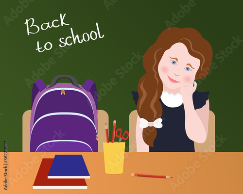 Vector illustration of a schoolgirl sitting at a school desk. Back to school