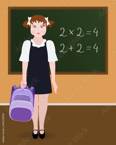 Vector illustration of a schoolgirl standing at the blackboard. Girl in a school uniform with a school backpack. Back to school