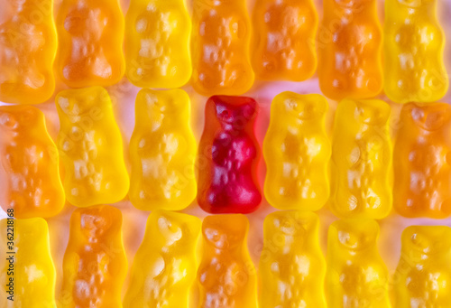 Unique red gummy bear and group of many yellow bears. Standing out from crowd, individuality and difference concept. Minimal design, flat lay, top view.