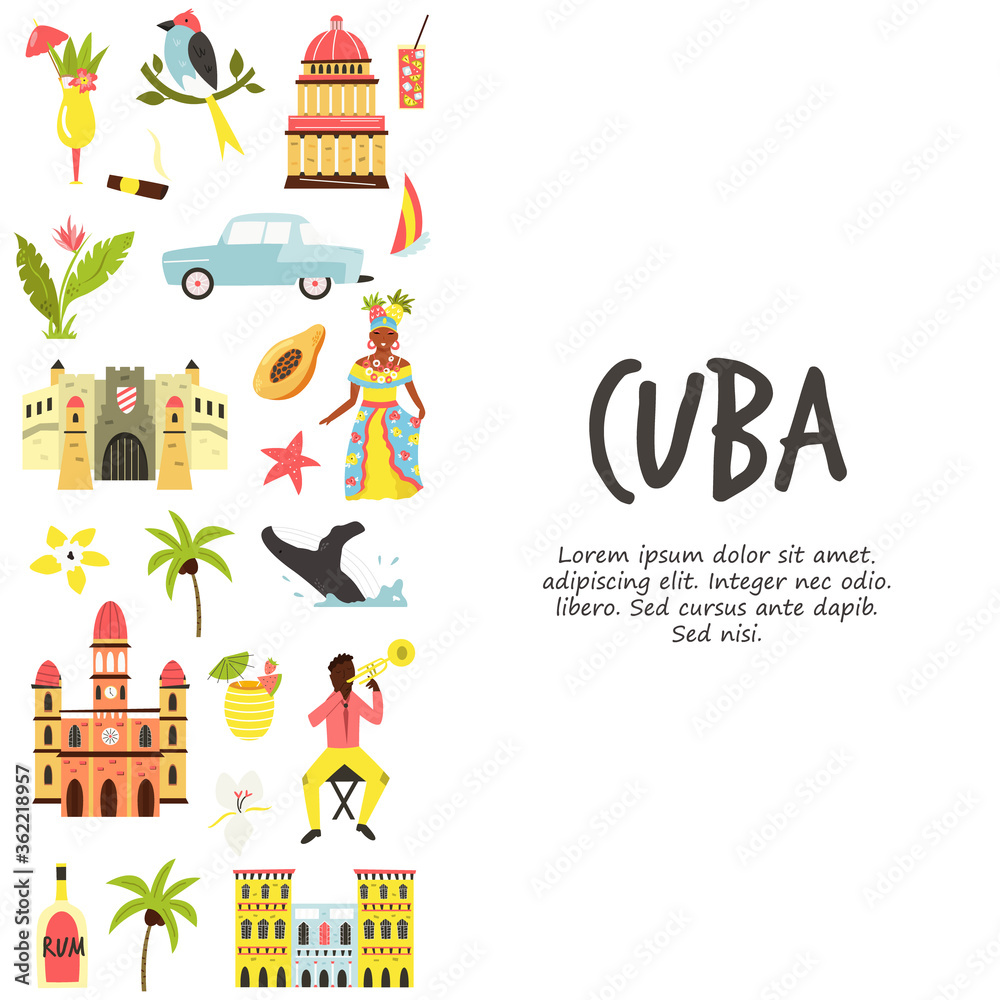 Tourist poster with famous destinations and landmarks of Cuba. Explore Cuba concept image.