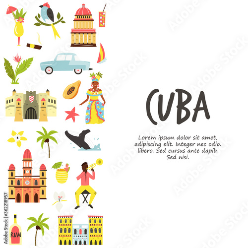 Tourist poster with famous destinations and landmarks of Cuba. Explore Cuba concept image.