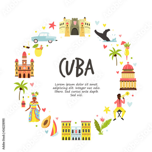 Tourist poster with famous destinations and landmarks of Cuba. Explore Cuba concept image.