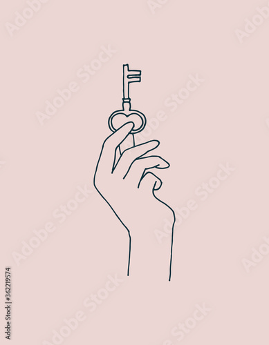 
vector line drawing. silhouette of a hand with a key Isolated on a pink background. esoteric theme, cabalistic signs, symbols. female secrets, magic