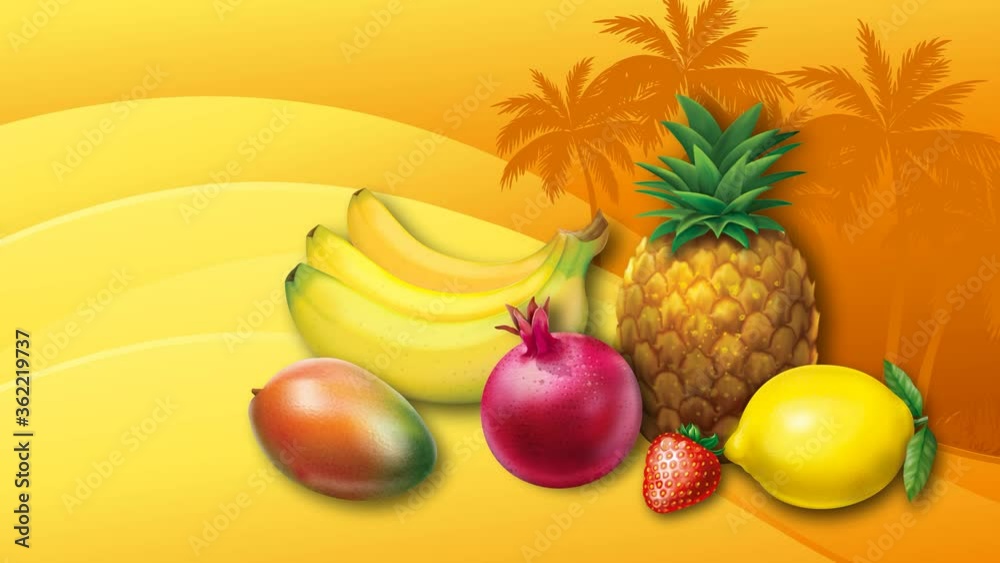 Still life of fruits and berries on a background of a tropical island. Still life of fruits and berries on a background of a tropical island.