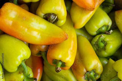 White bell pepper in the bazaar as a background in a box in Ukraine photo