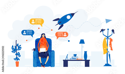 Young woman self employed, working from home in self isolation and dreaming about professional growth, returning to the office, working together with colleagues and personal achievement. 
