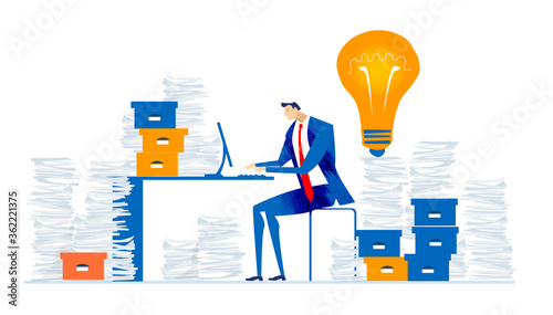 Businessman overloaded with paper work, working late hours under the stress. Financial and economical crisis, competition in professional life, dead line concept 