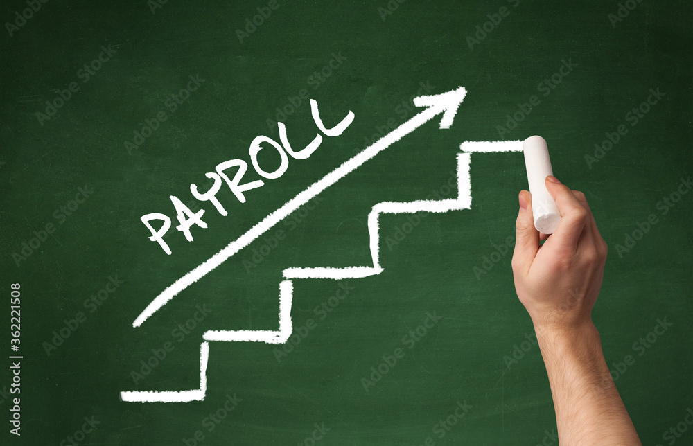 Hand drawing PAYROLL inscription with white chalk on blackboard, business concept Hand drawing PAYROLL inscription with white chalk on blackboard, business concept