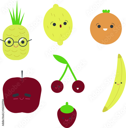 set of funny cartoon fruits with faces vector graphic illustration pineapple, apple, banana, berry, orange, cherry, strawberry, lemon