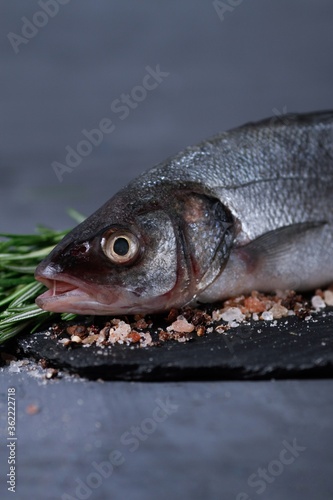  fresh fish on the board, seabass, vertical , black background, raw