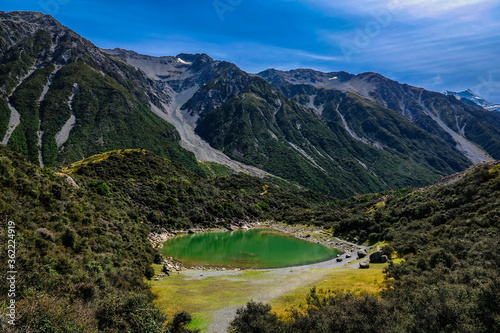 Colourful Blue Lake on the Tasman Lake Track, Aoraki Mount Cook National Park, Canterbury, South Island, New New Zealand