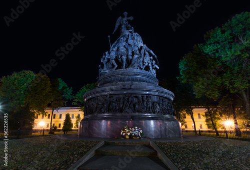 Night photograph of the monument from the day the millennium of Russia was founded in the center of the Novgorod Kremlin in Veliky Novgorod, Russia. Popular attraction photo