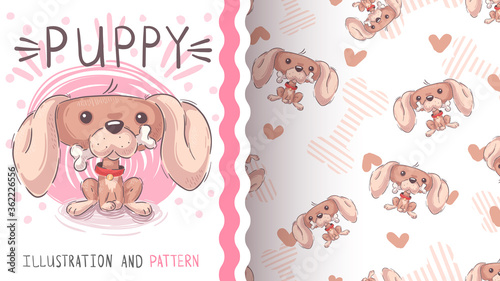 Cute dog wth bone - seamless pattern
