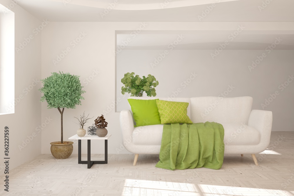 Naklejka premium White stylish minimalist room with sofa. Scandinavian interior design. 3D illustration