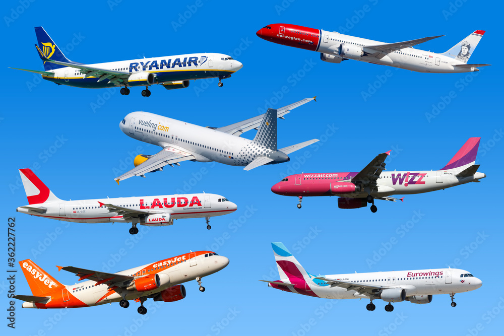 Airplanes Low-Cost Airlines from Europe Ryanair Eurowings Easyjet Lauda  Photos | Adobe Stock