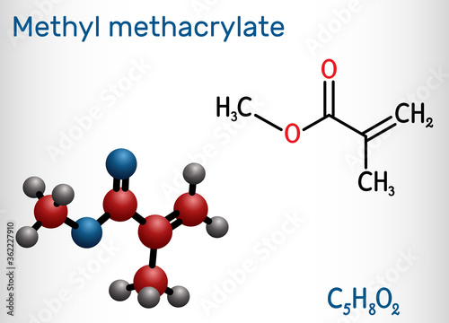 Methyl methacrylate, MMA molecule. It is methyl ester of methacrylic acid, is monomer  for the production of poly(methyl methacrylate). Structural chemical formula, molecule model