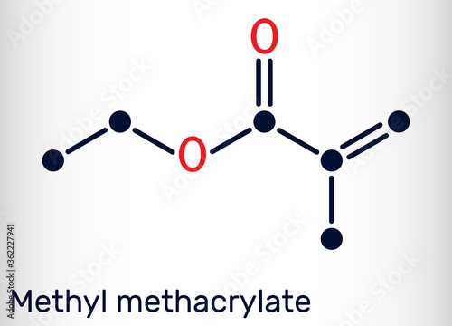 Methyl methacrylate, MMA molecule. It is methyl ester of methacrylic acid, is monomer  for the production of poly(methyl methacrylate). Skeletal chemical formula